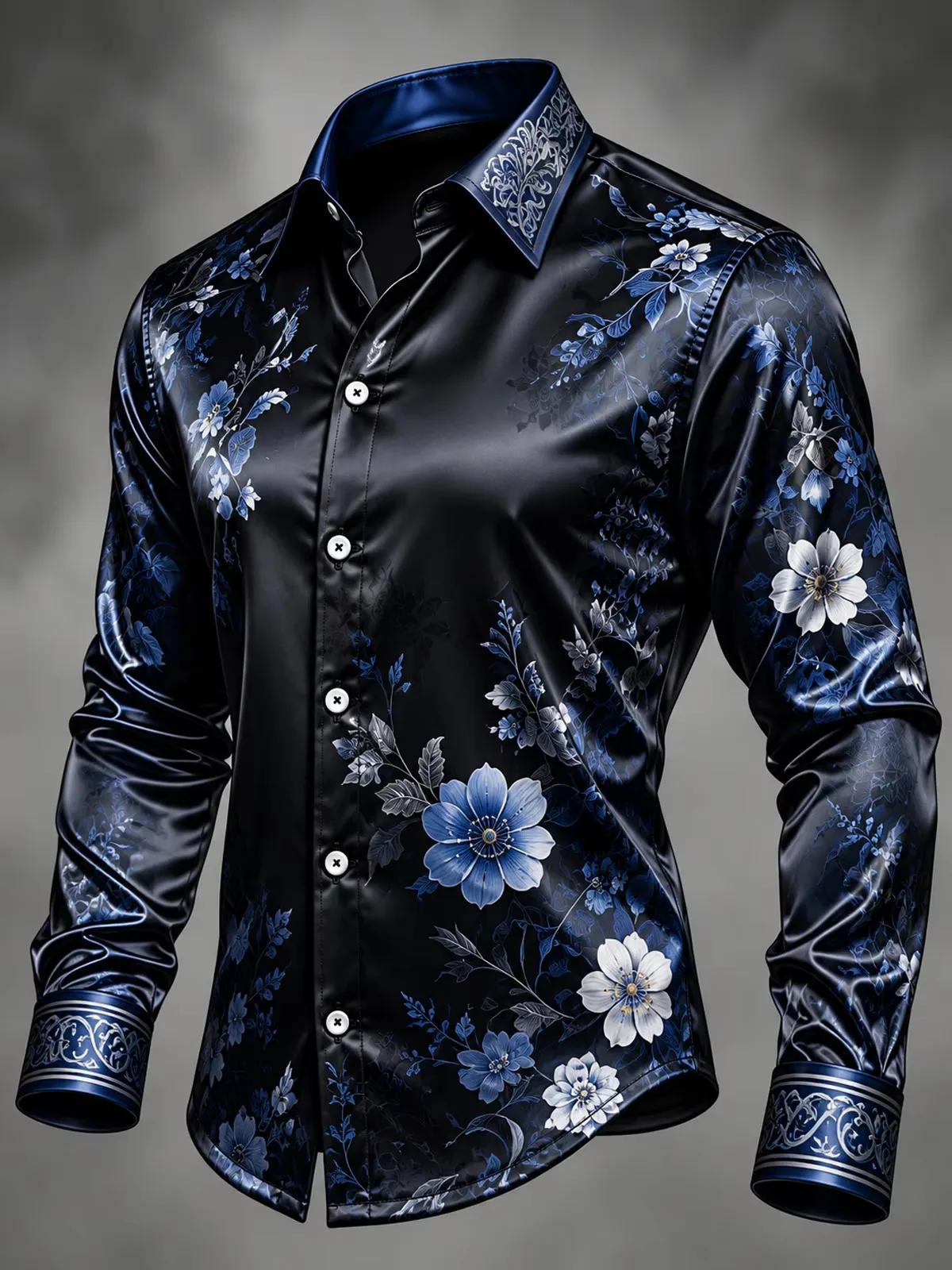Men’s Autumn Long-Sleeve Shirt Vintage Black Red Floral Print Collared Button-Down Loose Comfortable Trendy Street-Style Top
