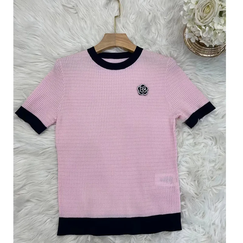 Alta qualidade pérolas do verão elegante das mulheres Beading flor malha t-shirt Tops F097