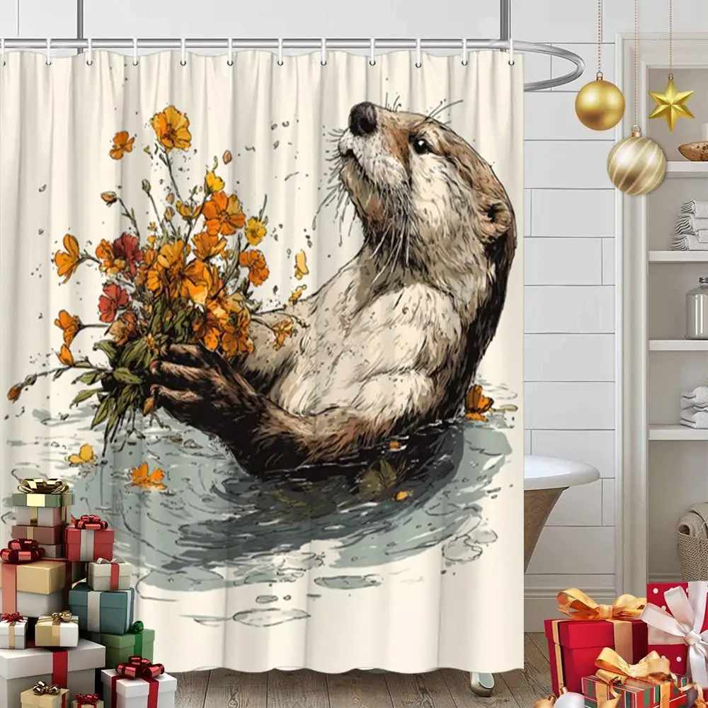 Decorative Nature Shower Curtain Watercolor Beaver and Fall Flower Print Bathroom Accessories Home Decor