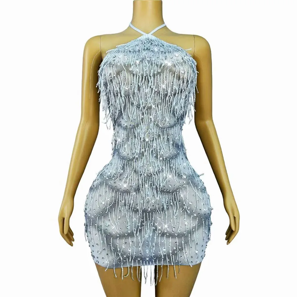 Sexy Glanzende Steentjes Kwasten Bandage Trim fit Backless Jurk Vrouwen Verjaardagsfeestje Vieren Toga Modeshow Stadium Slijtage
