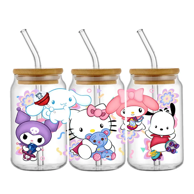 Miniso Cartoon Kitty Kuromi Disney Transfer UV DTF Cup Wrap Sticker for 160z Libbey Glasses DIY Waterproof Sticker