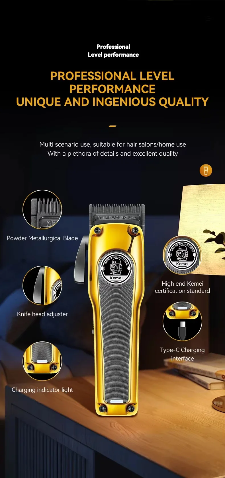 Kemei KM-1826 Professioneller kabelloser elektrischer wiederaufladbarer elektrischer Friseur aus Metall für Herren, Blonde Barber, Rasierer, Trimmer, Haarschneidemaschine – Detail 4