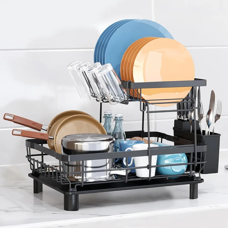 

Dish Drying Rack Over The Sink Drainer with Drainboard Utensil Holder Cup Holder 2Tier Black