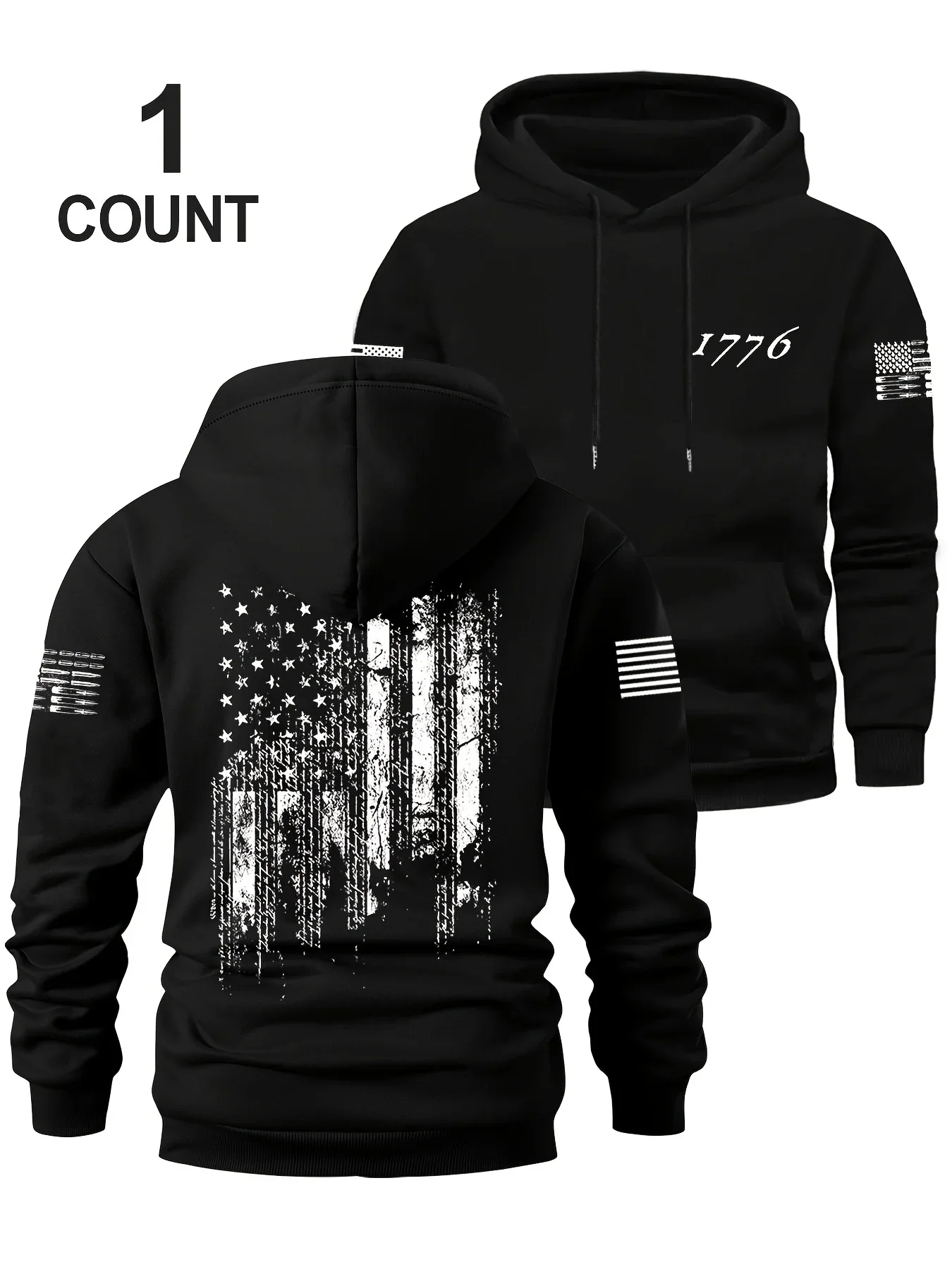 Men Oversized Pullover Hoodie 1776 Distressed American Flag Back Print Patriotic Streetwear Long Sleeve Fleece Sweatshirt Autumn