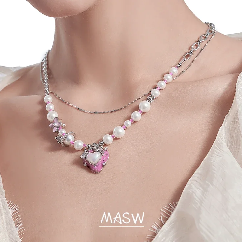 

MASW Original Design Fashion Jewelry Spring Summer Style Simulated Glass Pearl Lovely Pink Strawberry Necklce For Women Girl