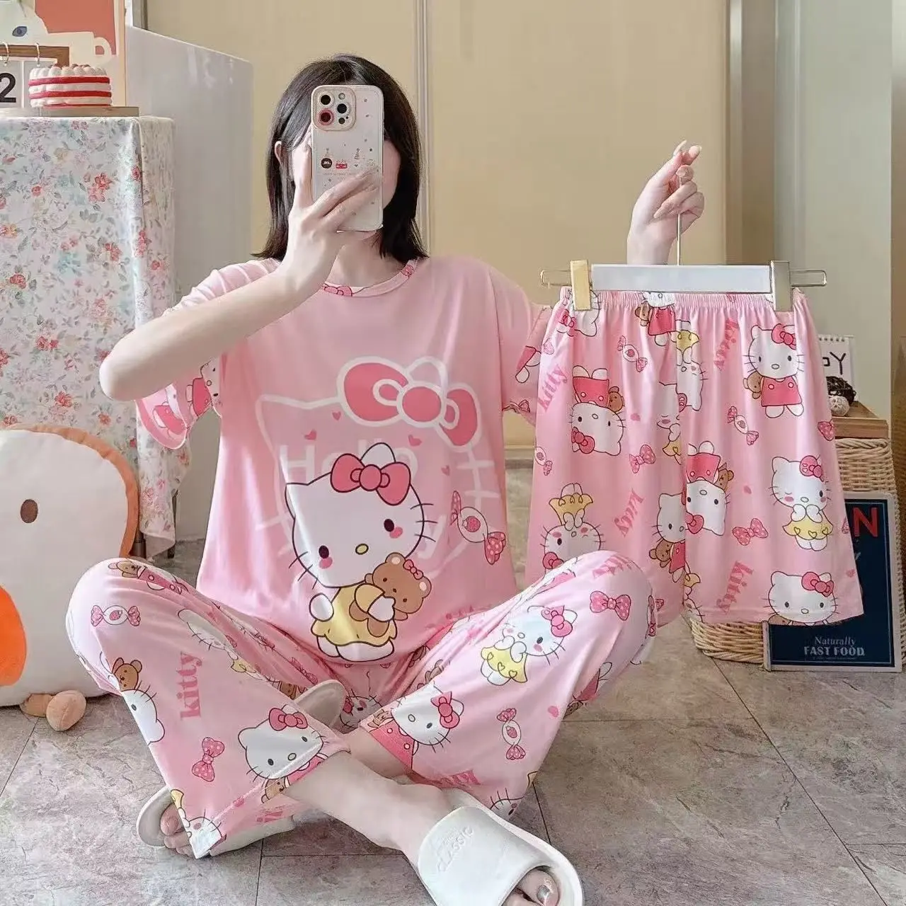 

Sanrio New Spring/summer Season Hello Kitty Women's Pajamas Cartoon Fashion Casual Three Piece Set