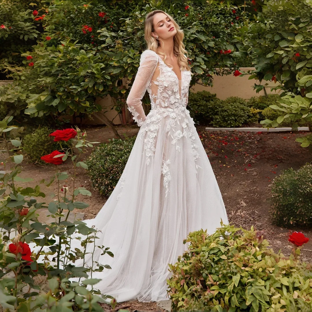 Boho Romantic Convertible Sleeve 3D Floral Dot Tulle A-line Wedding Gown Ultra Low Open Back Bridal Gown Customizable