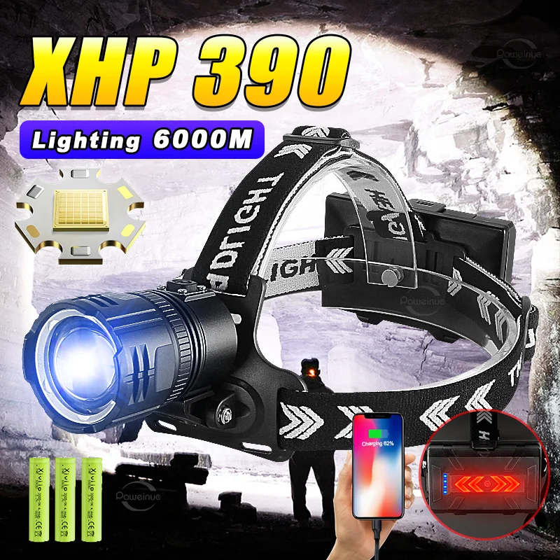 2025 plus récent XHP390 Super puissant LED phare USB Rechargeable phare pour Camping pêche étanche haute puissance lampe frontale