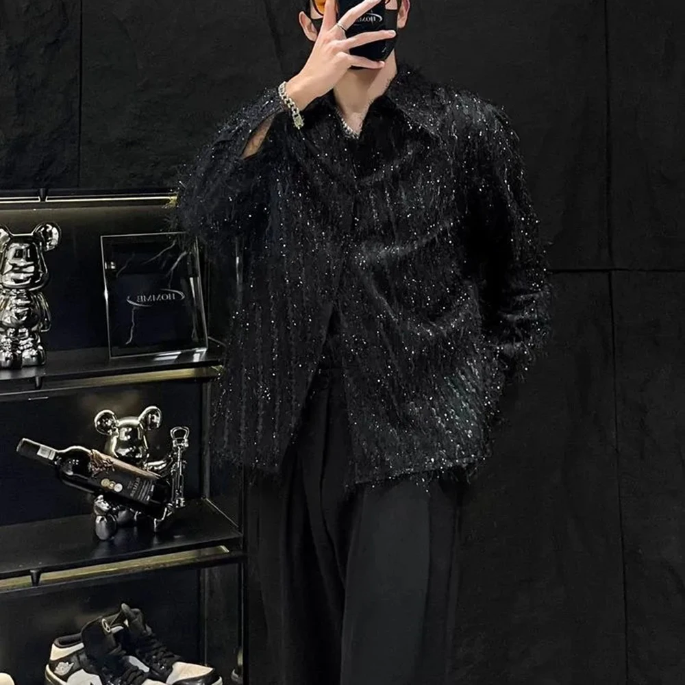 

Мужская блестящая черная рубашка с длинными рукавами и кисточками в американском стиле ретро, модные тенденции, свободные повседневные дышащие нишевые мужские топы High Street