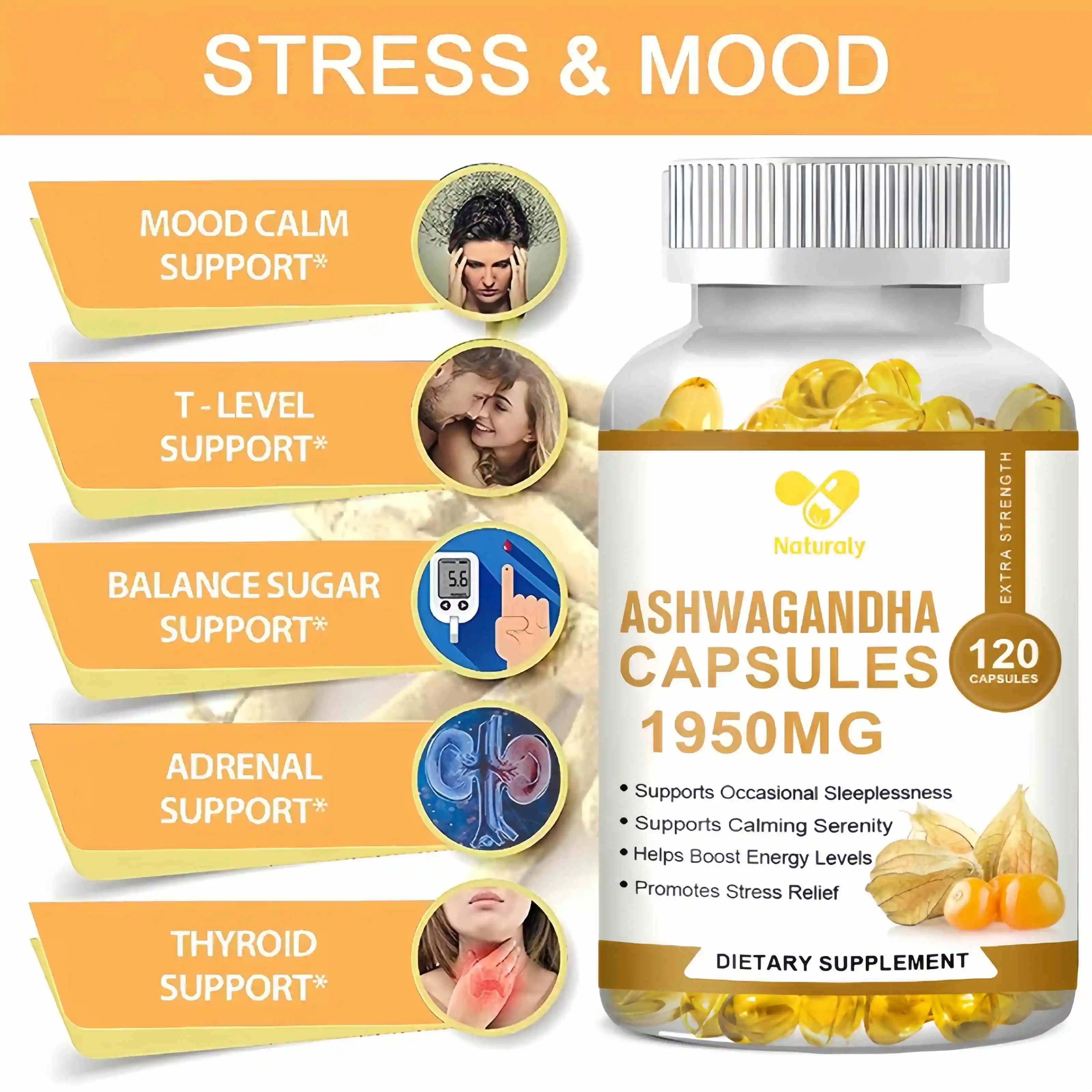 Ashwagandha Supplements Helps Relieve Stress and Anxiety, Natural Mood Support, Stress Support, Thyroid Support, Immune Health