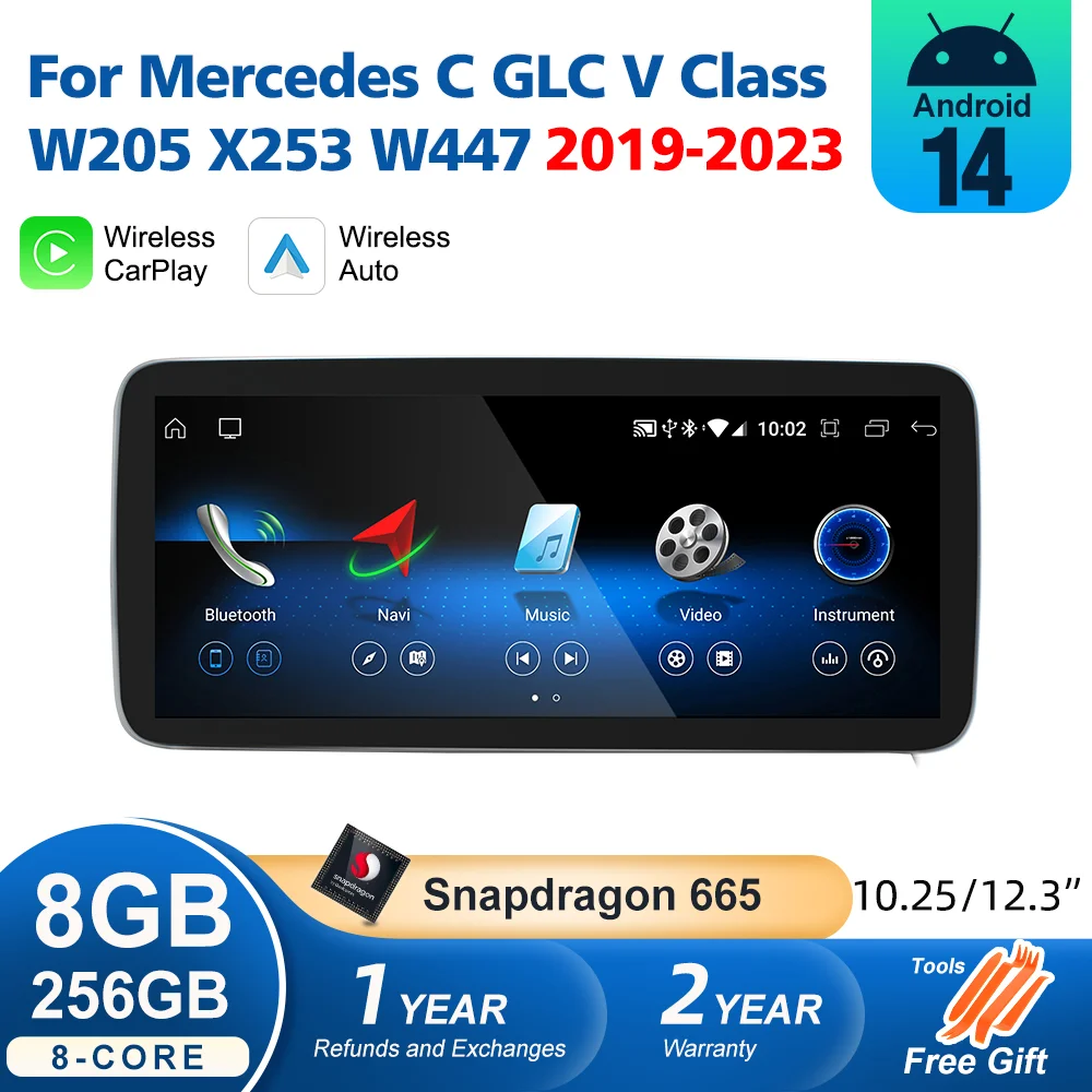 Android 14 For Mercedes Benz C GLC V Class W205 X253 W447 2019-2023 Wireless CarPlay Radio Auto Multimedia Player Screen