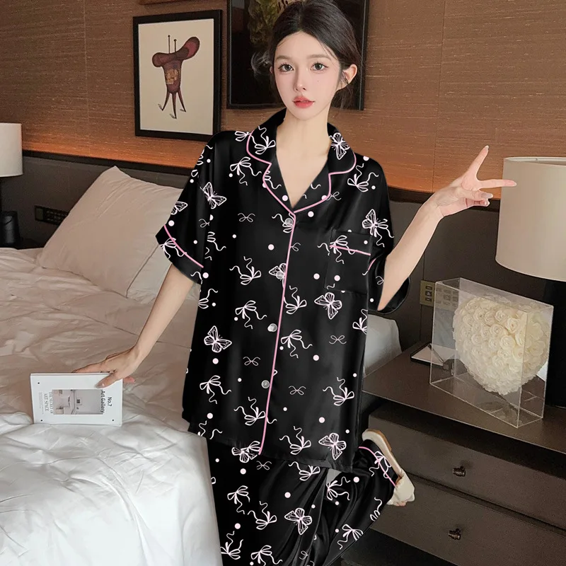 French Bowknot Polka Dot Ice Silk Pajamas for Women Summer 2026 New Style Home Wear Short-Sleeved Shirt and Long Pants Outdoor