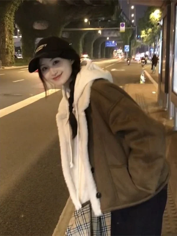 Lamb Fur Inteated Leather Coat Women's ort Thiened Autumn Winter Warm Casual Loose Fit Cotton Jaet with Collar