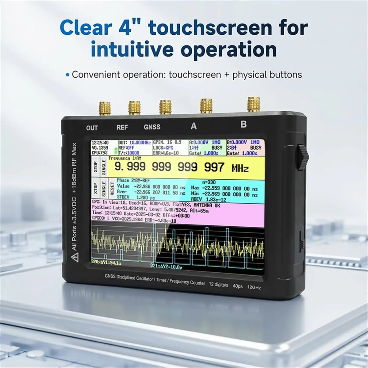 ZC412 12GHz Frequency Counter, 4-Inch Tiny Frequency Analyzer with Built-in GPSDO, 40ps Resolution Dual Timer Counter