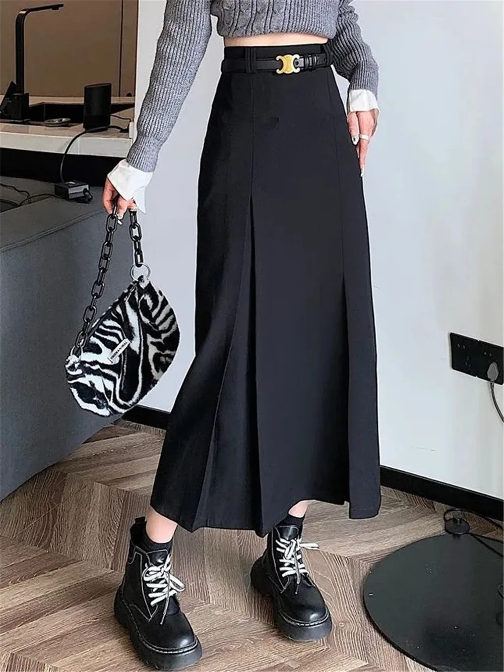 S-3xl Straight Long Irregular Pleated Suit Skirt Women Autumn Korean High Waist Black Midi Skirts Female Gray Preppy Streetwear