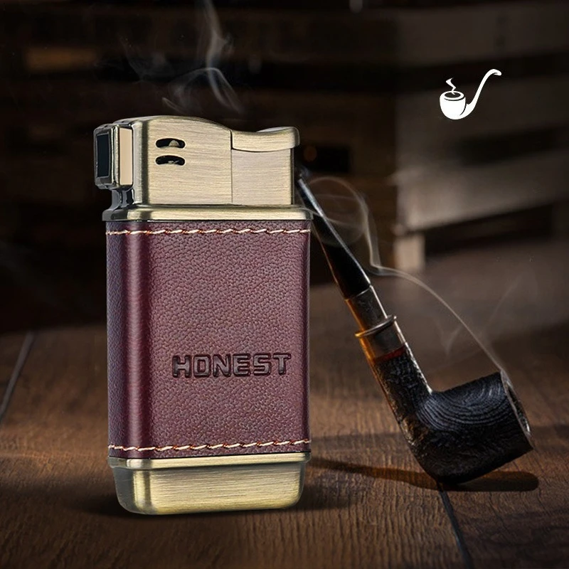 Professional Leather Wrapped Pipe Lighter with Angled Flame Design, Refillable Windproof Butane Lighter for Smokers