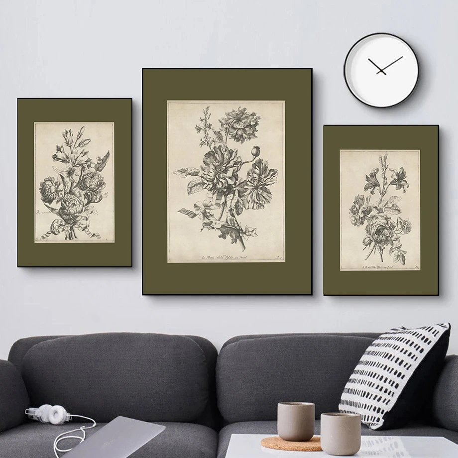 Conjunto de Impressões de Desenhos de Flores Vintage, Arte Botânica em Verde Salvia, Gravura Floral Antiga, Impressão de Planta