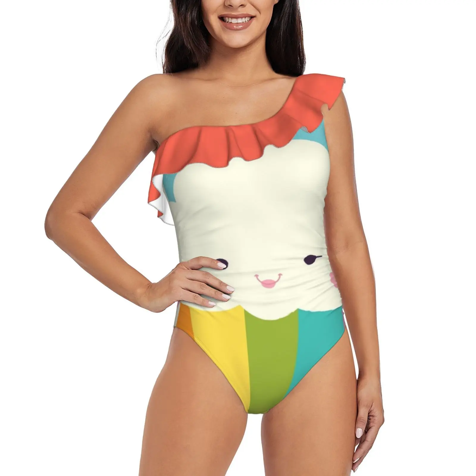 

Rainbow One Shoulder Ruffle Swimsuits Sexy One Piece Swimsuit Women Swimwear Monokini Cloud Nature Cute Happy Rainbow Flat