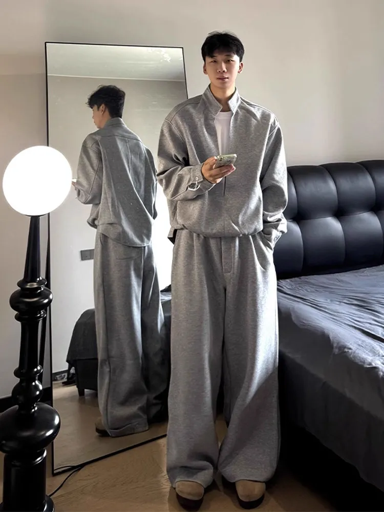 Grey Layered Hoodie Set Men's Autumn Lazy Style Loose Wide Leg Pants Casual Outfit Whole Set Long Sleeve Long Pants Other Mat...