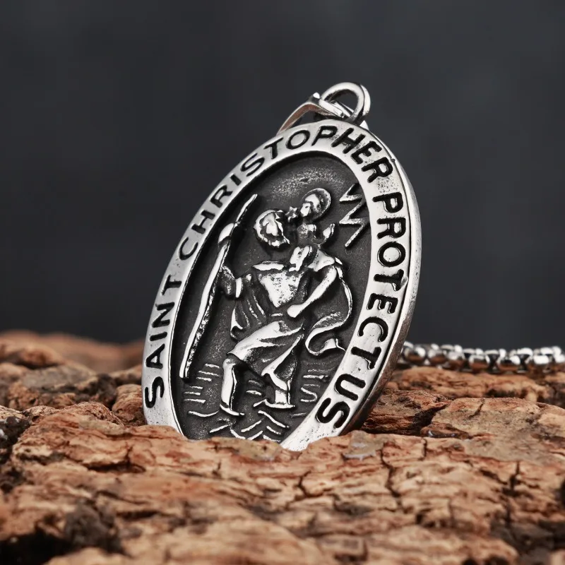 Vintage Carved Guardian Pendant Necklace, Oval Relief Tag Old Man Carrying Child, Protective Sweater Chain Unisex