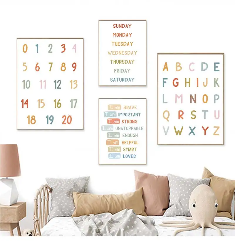 English Education Poster Alphabet Number Color Shape Wall Art Prints Canvas Painting Pictures Kids Bedroom Classroom Decor