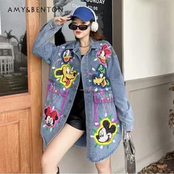 Fashion Exquisite Rhinestone Cartoon Denim Jacket Female Autumn Loose Oversize Streetwear Trench Coat Chaqueta Mujer