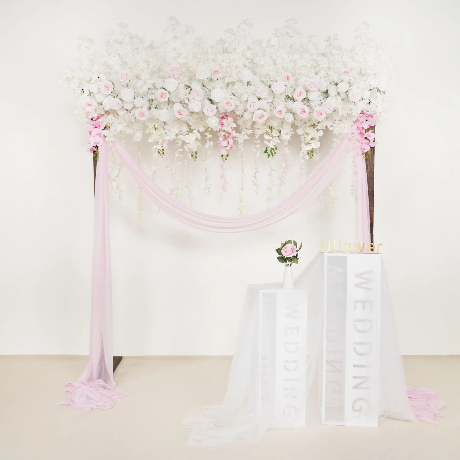 

Uflower Luxury Pink White Rose Cherry Blossom Hang Wisteria Floral Arrangement Wedding Decoration Artificial Flowers Row