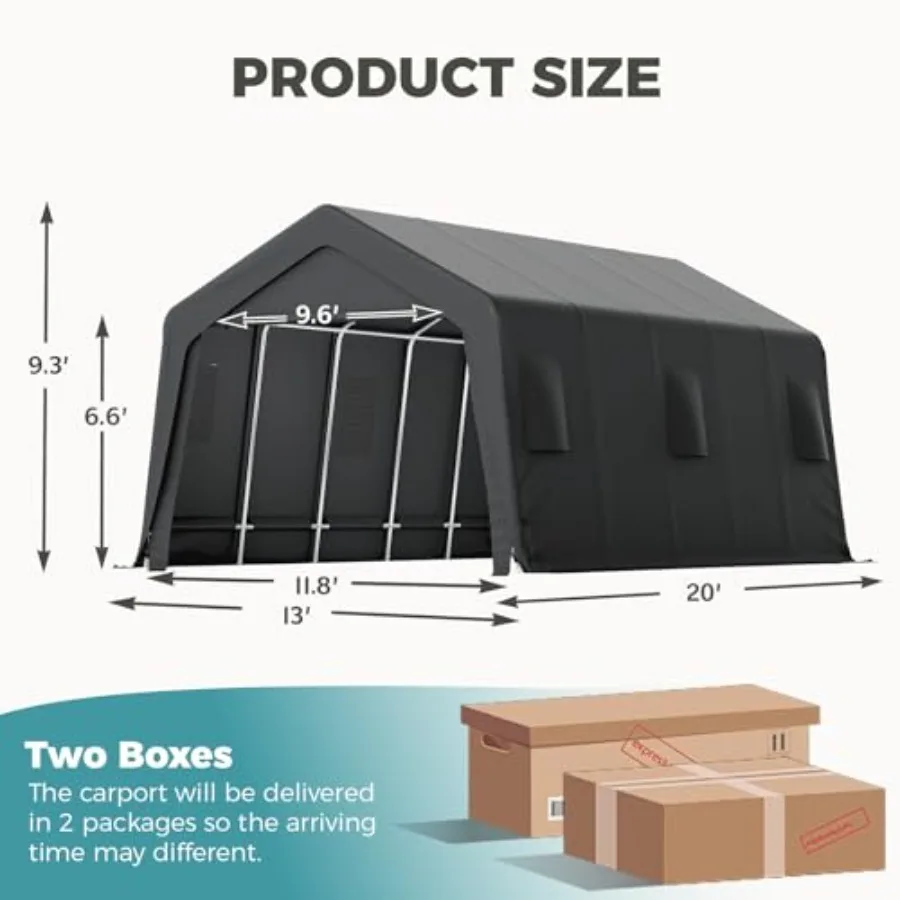 13x20 Ft Heavy Duty Carport with Galvanized Frame and Doors, Black