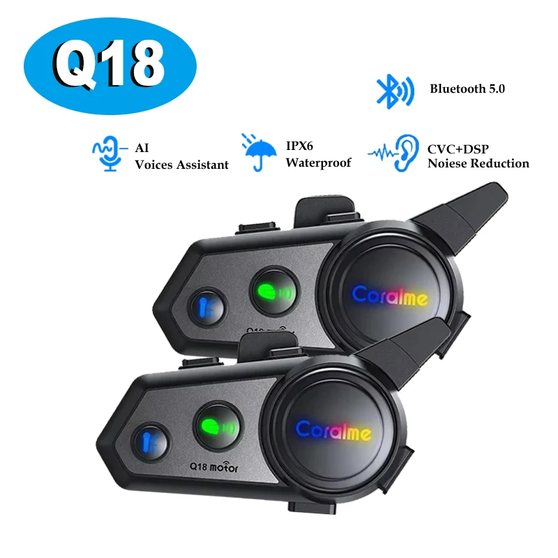 Q18 Motorcycle Helmet Headset Bluetooth Intercom Support for 2 person 1000m Interphone Music Player & Sharing IPX6 Waterproof
