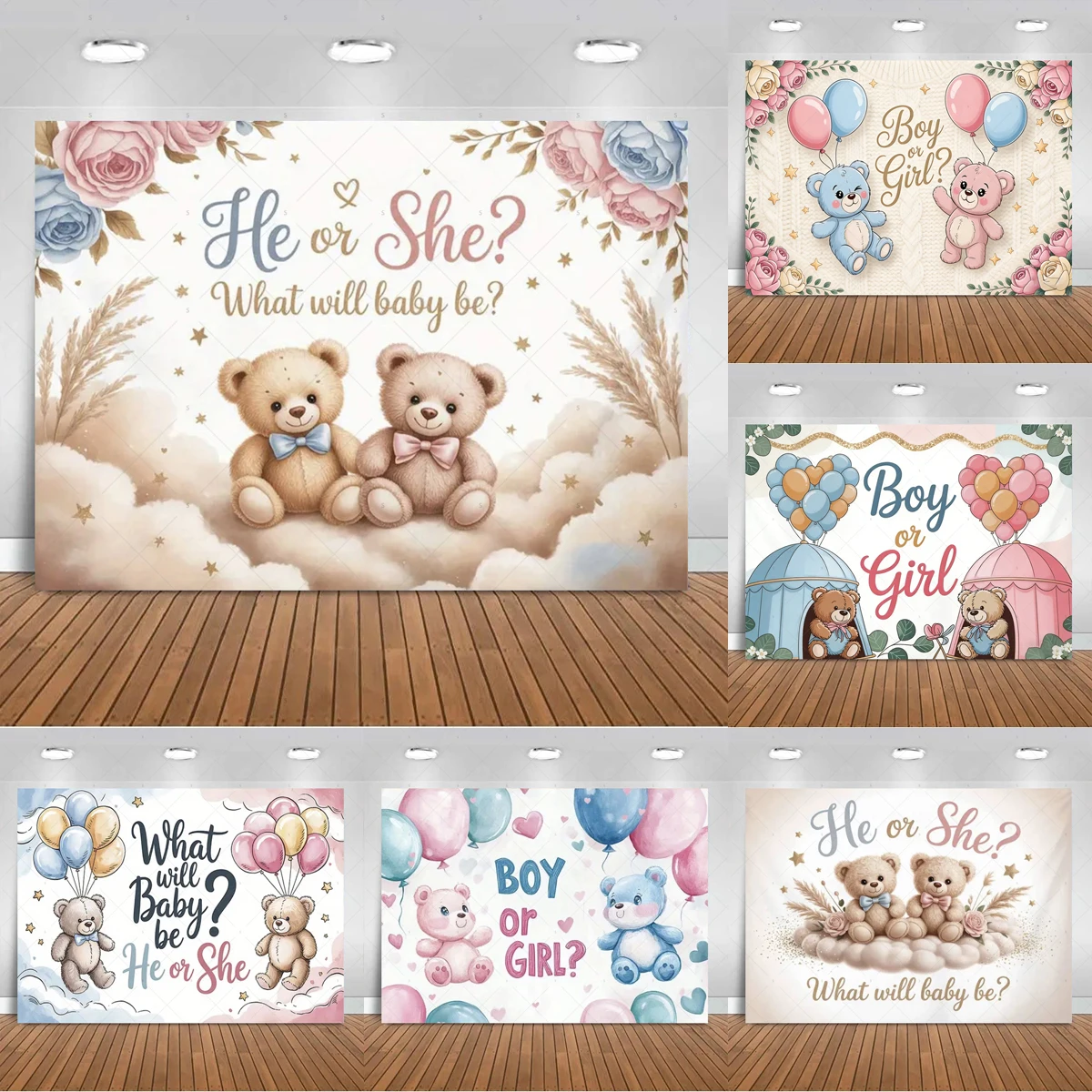 Gender ​Reveal Theme Backdrop Baby Party Decorations Supplies Pink Blue Bear Gift Banner Newborn Shower Photography Background