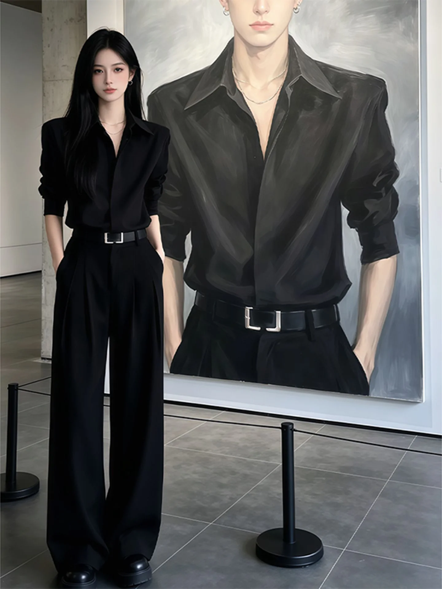 Black Slim Fit Long Sleeve Shirt Shoulder Width Regular Neckline Button Closure Unisex Summer Fashionable Inner Wear Shirt