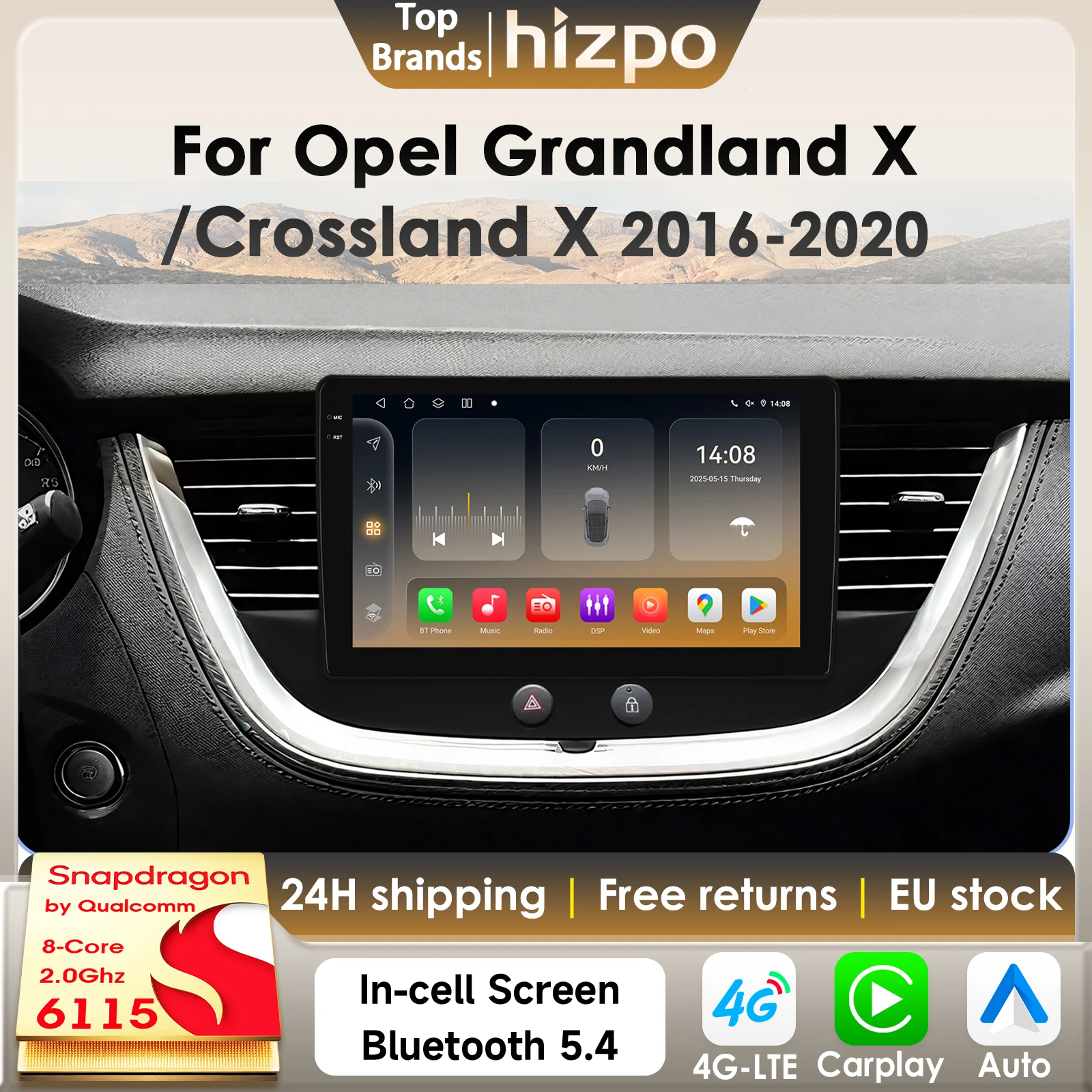 Hizpo Carplay Android 14 Autoradio für Opel Grandland X Crossland X 2016-2020 Auto Multimedia GPS 4G 360 Kamera von Snapdragon 6115