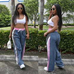 Latest Design Women Jogger Patchwork Jean Wide Leg Pants Fall 2024 Y2k Street Style Women's Drawstring Denim Side Stripe Joggers