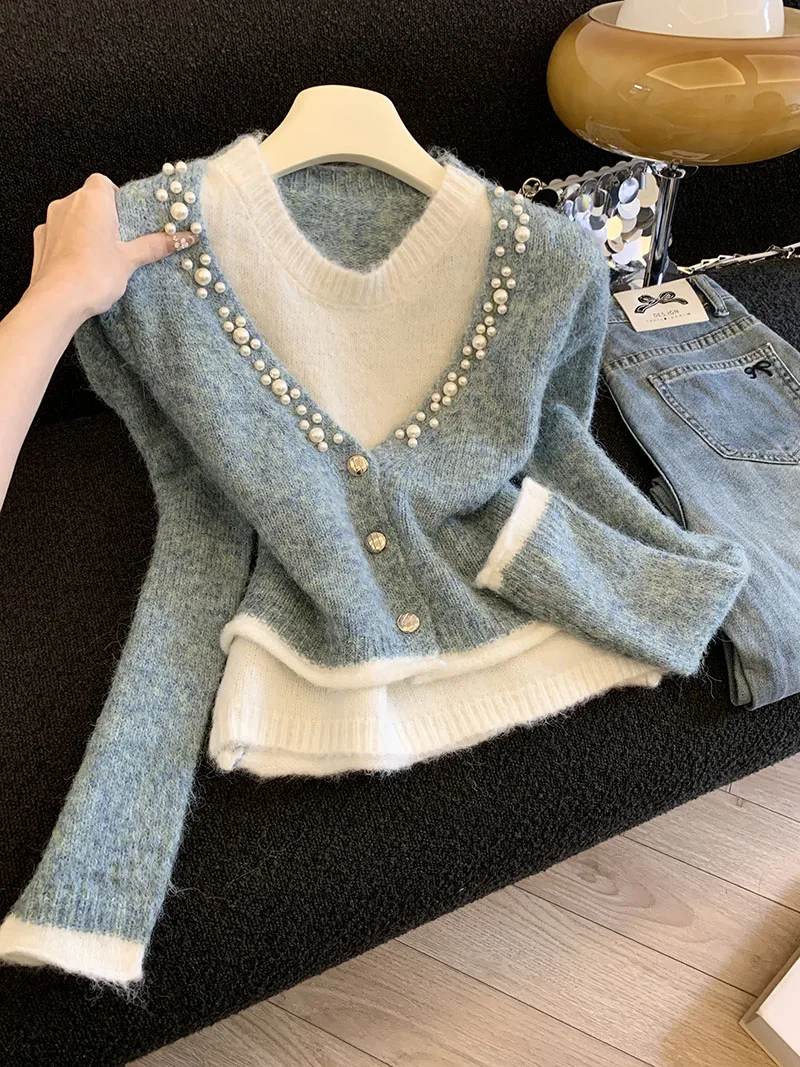 emperamento, capas, usando tops falsos de dos piezas, moda femenina, estilo occidental, suéter de punto, perezoso, diseño de alta gama, nicho