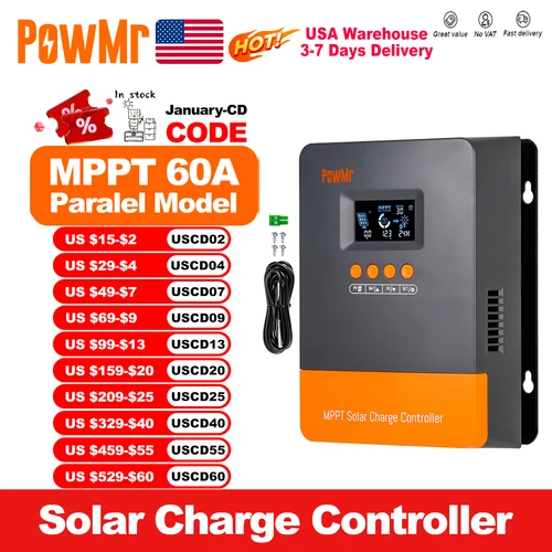 PowMr MPPT 태양열 충전기 컨트롤러, 블랙라이트 LCD 레귤레이터, 최대 PV 입력, 160VDC 지지대, 12V, 24V, 36V, 48V 리튬 배터리, 60A