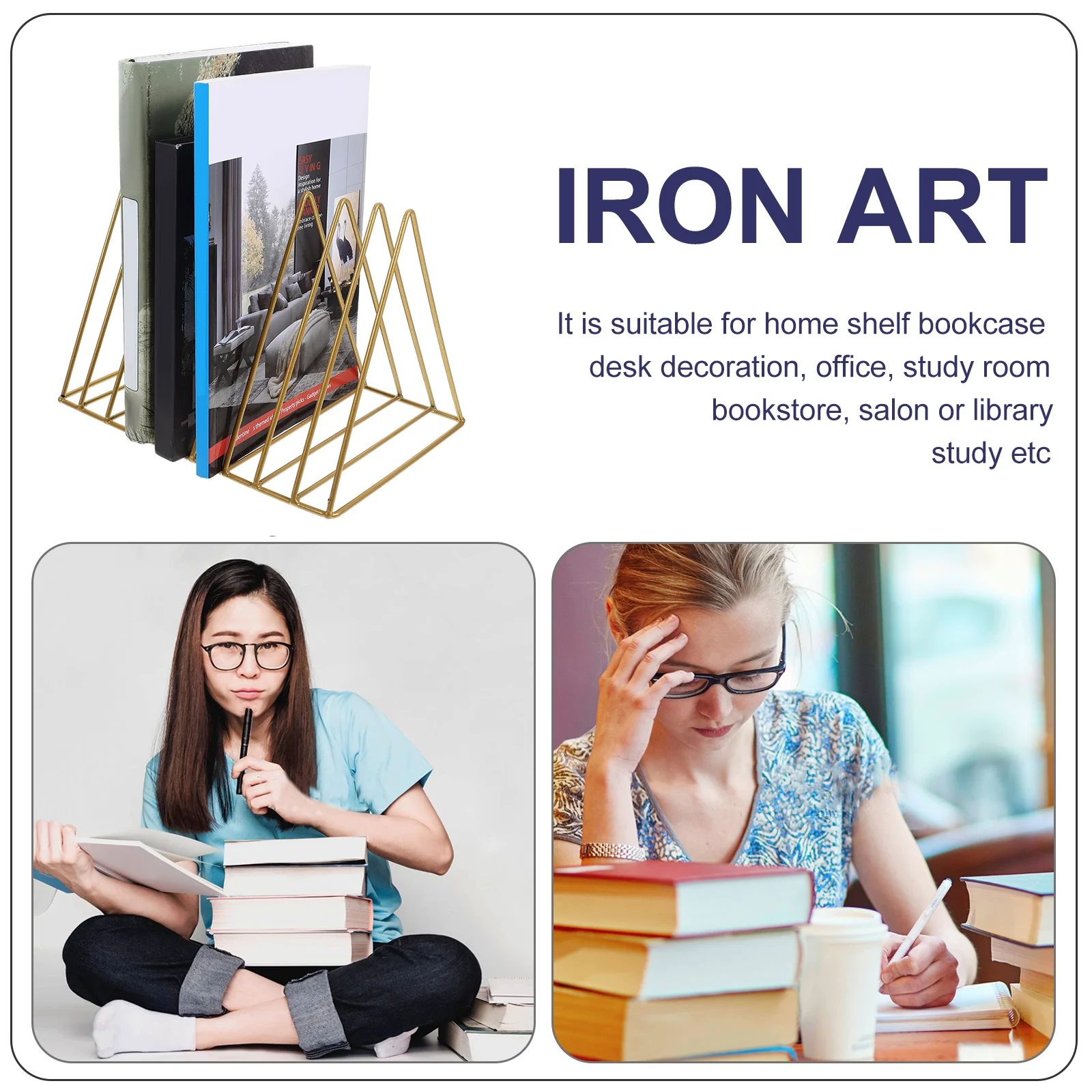 

Golden Wrought Iron Bookend Desktop Organizer Metal Magazine Holder Multi-functional Decorative Shelf End Table Rack
