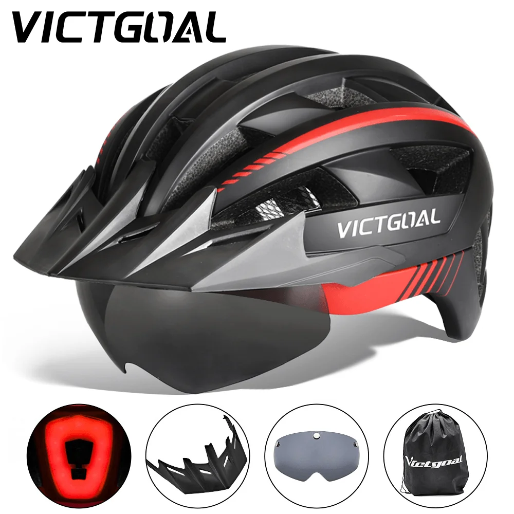 VICTGOAL Bicycle Helmet With Sun Visor Goggles Men Women Cycling Helmet Back Light Magnetic Lens MTB Mountain Road Bike Helmets