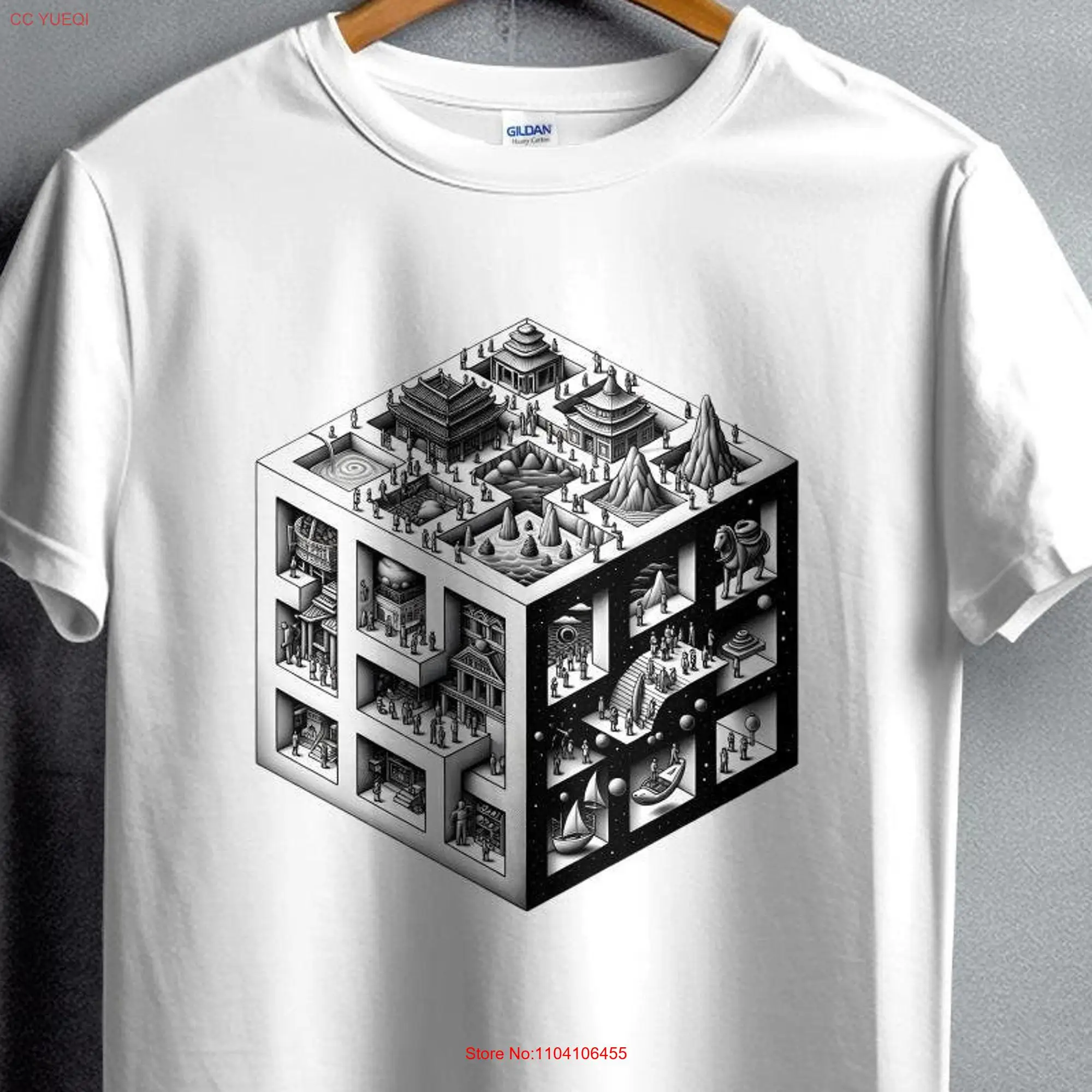 M C Escher Surreal Morphing geometric T Shirt  for Him or Her Birthday tee long or short sleeves