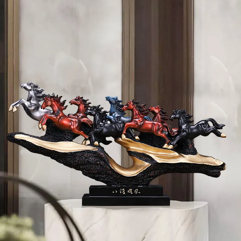 HOME OFFICE Company SHOP Efficacious thriving business Money Drawing Resin Success good luck 8 RUNNING HORSES FENG SHUI statue