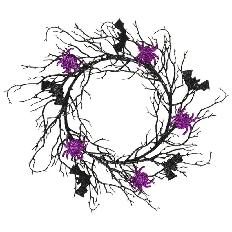 

Halloween Dead Branch Wreath Black Bat Purple Spider Decoration Creepy Simulation Vine Ring For Front Door Indoor Outdoor Party