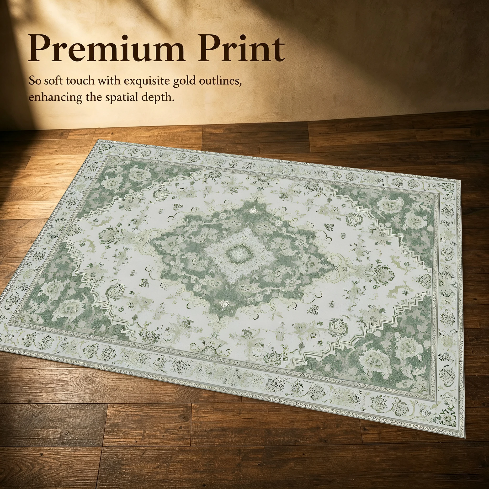 2D Carpet with Matcha Green European Symmetrical Floral Diamond Pattern in Retro Light Luxury Style for Living Room and Bedroom