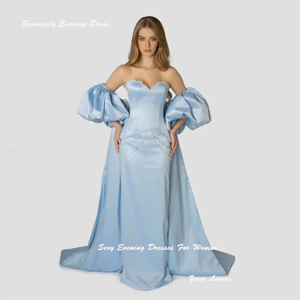 

Sky Blue Customized Sexy Evening Dresses Satin Cocktail Party Gowns Mermaid Crystal-embellished Strapless Prom Dress for Women