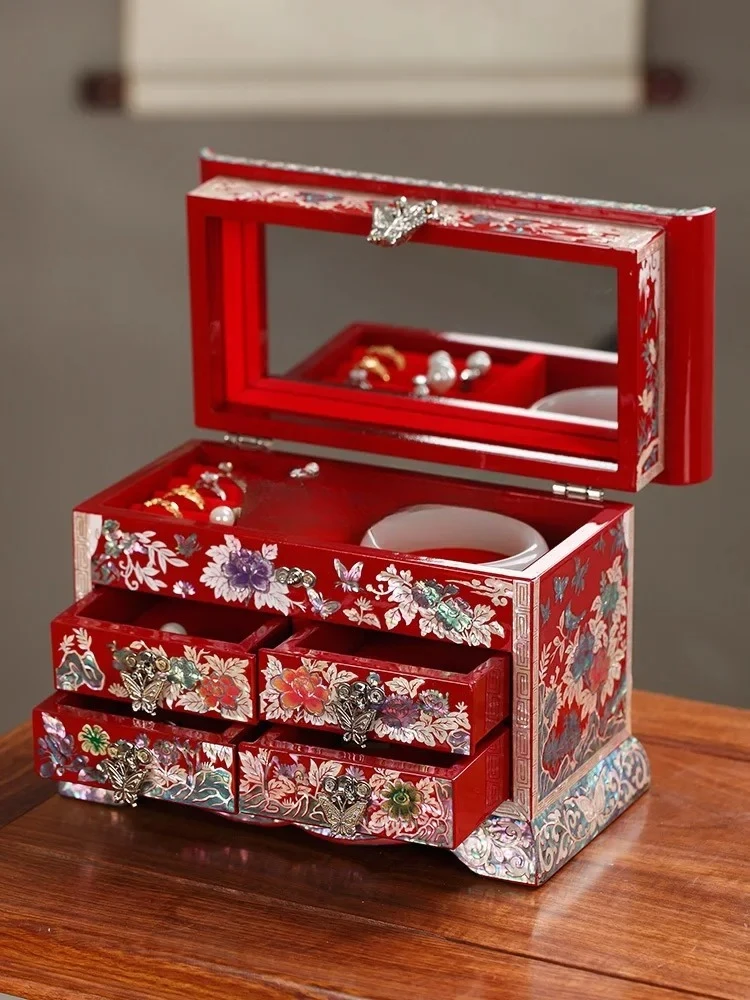 

Multi-layer large-capacity jewelry box Wooden snail lacquer wedding gift hand jewelry box Vintage storage box