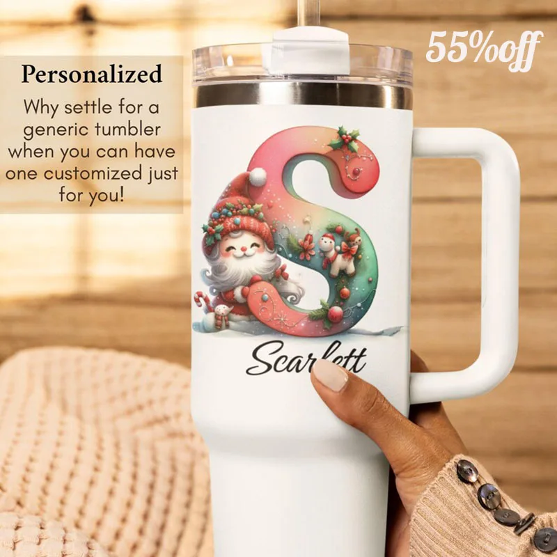 

Christmas Themed Letter Tumbler 40oz Personalized Name Santa Monogram Xmas Gift Mug Holiday monogram tumbler with handle