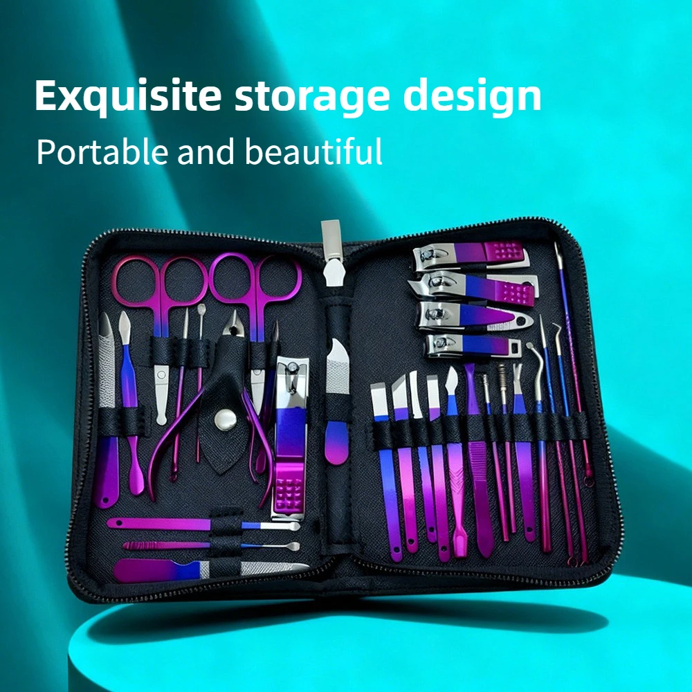 Set tagliaunghie sfumato blu rosso da 30 pezzi con kit di strumenti per manicure in acciaio inossidabile con lama convessa, con scatola portaoggetti, regalo per le vacanze