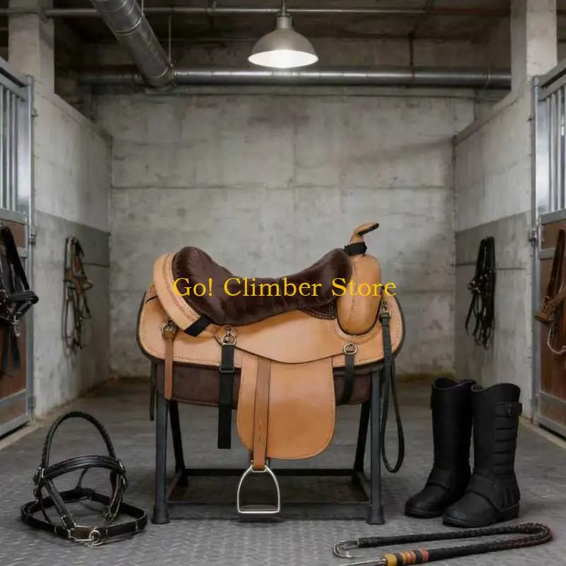 Q84C Mounted Horse Seat Cover with a Soft Brown Fabric Top, Shaped Coverage, Flexible Form, and Front and Rear Fasteners for
