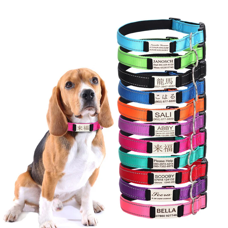 

Free Engraved Name ID Tag Dog Collar Personalized Reflective Adjustable Nylon Pet Collar Anti-lost for Small Medium Large Dogs