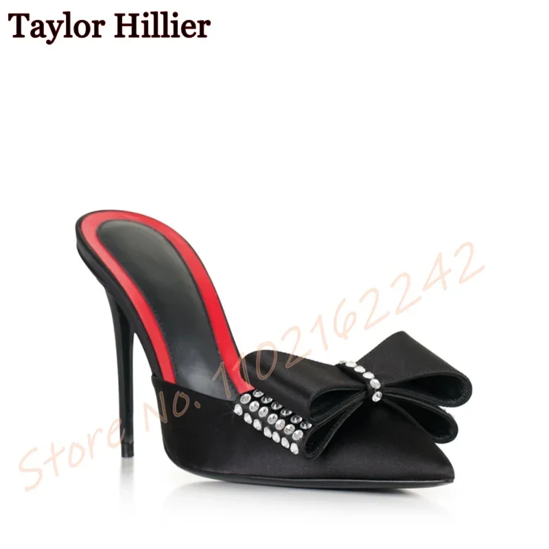 

Black Rhinestone Satin High Heels Pointed Toe Stiletto Sexy Slippers Elegant Dress Women Shoes Fashion Banquet Party Sandals 46