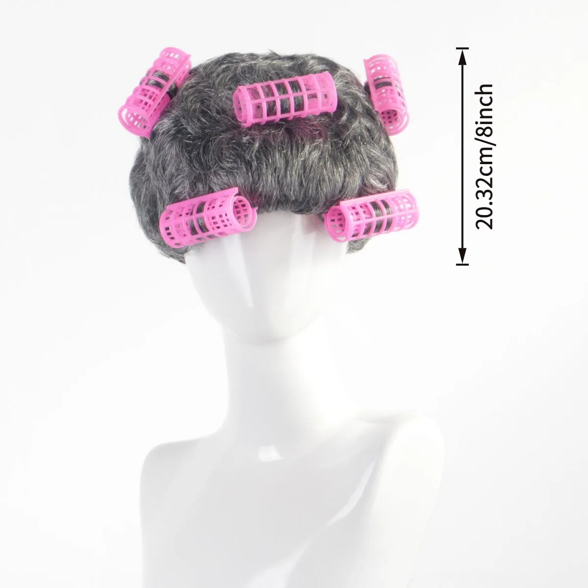 Anxin Brand Synthetic Fiber Wigs: Retro Curly Wig for Elderly Women in Dark Gray, Gray-Toned Fluffy Short Curly Wig, Directly Attached Pink Plastic Curlers, the Style Creates a Humorous Effect, Suitable for Halloween Costumes, Retro Theme Parties, Disco Balls, Funny Cosplay, and Quirky Outfits