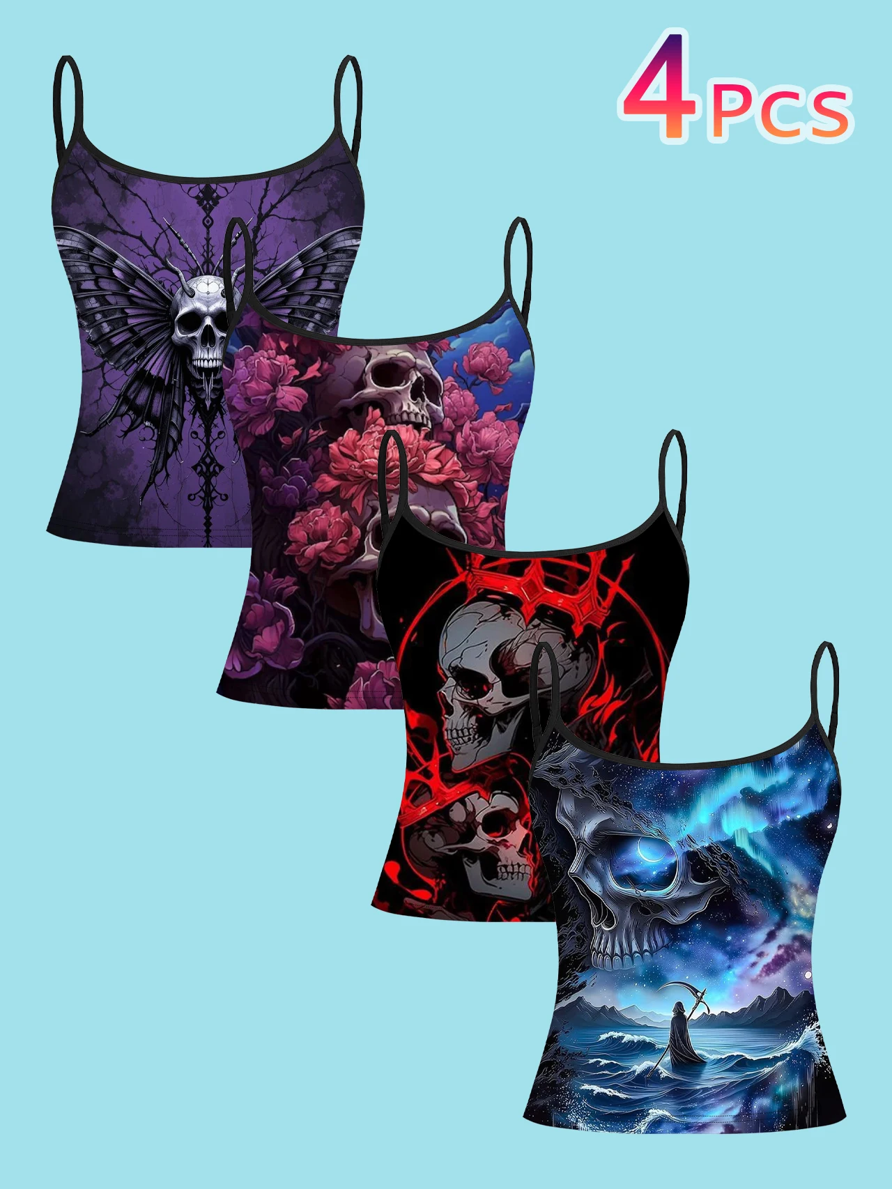 4-Piece Set of Dark Gothic Style Women's Camisoles with Skull, Butterfly, Floral, and Death Print, Slim-Fit Spaghetti Strap Short Camisole Tops